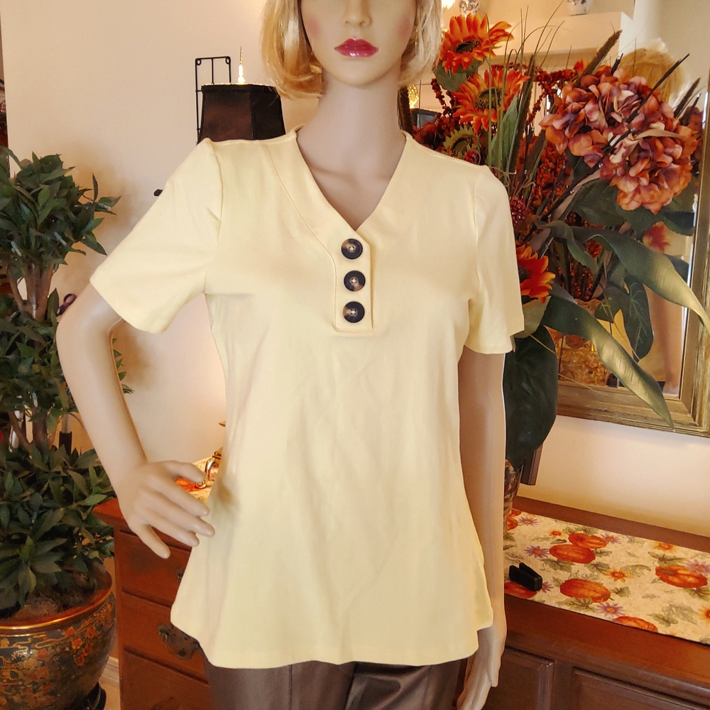 Denim & Co. Essentials Jersey V-Neck Henley Top - Sunlight Yellow